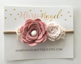Vintage Dusty Pink & Ivory Cream Wool Felt Flower Lace Crown Headband Hair Bow or clip Newborn / Baby / Toddler / Girls / Portraits / Photos