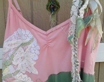 Altered couture dress, boho dress, upcycled dress, Gipsy inspired dress,summer dress, tattered dress, tank dress, mori girl dress, faerie