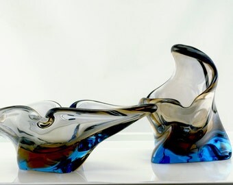 Harrachov Glassworks Sculptural Cased-Glass Bowls - Blue and Topaz - Set of 2