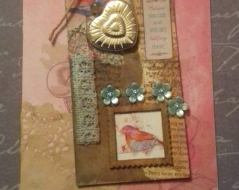 Believe you can OOAK handmade tag Greeting Card, shabby chic, vintique, bird, heart