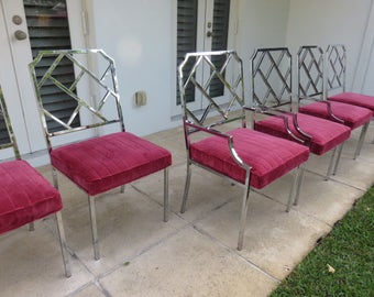 Set Of Six Milo Baughman Chrome Chinese Chippendale Dining Room Chairs Upholstered In A Lush Salamandre Velvet, Two Arm And Four Side.