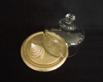 Glass Cloche or Bell Jar Gold Wood Base - Display Stand - Vintage Glass Cover - Wedding Anniversary Centerpiece