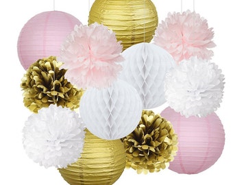 Set of 12 Pink Gold Party Decoration Kit Tissue Paper Pom Pom Honeycomb Ball Paper Lantern Pink Girl Birthday Party Baby Shower Decoration