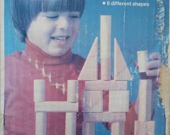 PLAYSKOOL, Building Blocks with Original Box (36) Natural Wood Blocks, Square, Pillar, Column, Half Column, Diagonal and Rectangle, 1982.