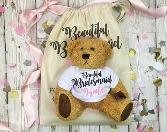 Bridesmaid teddy bear with matching gift bag. Personalised wedding day thank you gift.