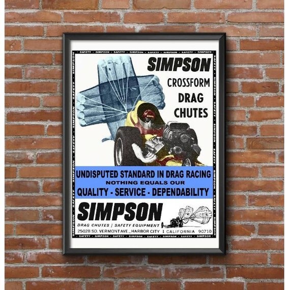 Vintage Drag Racing Poster Simpson Cross Form Drag Chutes