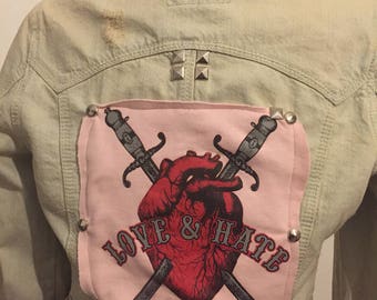 Girl Gang Love Hate Customised Denim Jacket. Size 10.