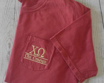 Sorority shirts, Chi Omega, Sorority T Shirt, Greek Letter shirt, Pocket T Shirt, Monogrammed Pocket T, Personalized T Shirt