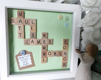 8 x 8 Personalised Scrabble Family Tree Frame. Scrabble Name Crossword Frame. Handmade Wedding, Couples Anniversary Birthday, Christmas Gift