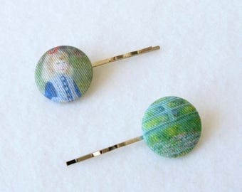 Fabric Button Hair Pins, French Vintage, Painting of Monet, Wedding Accessory, Gift for Girl, Bobby Pin, Handmade, Covered Button