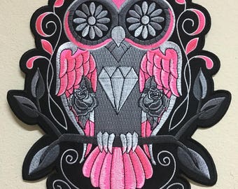 Owl Sugar Skull Embroidered Iron on Large Back Patch for jackets, Jeans, vests, Backpack, Bikers | Size W8 1/2 x H9 3/4"