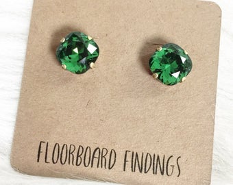 Swarovski Crystal Cushiom Cut Stud Set in Dark Moss Green