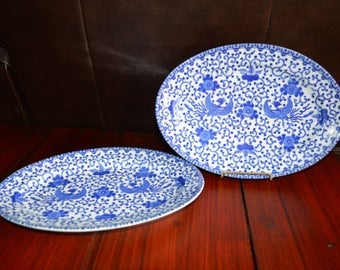 Blue and White Phoenix or Flying Turkey 11.25" Serving Platters Made in Japan Set of 2