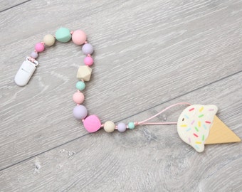 Silicone ice cream teether toy with a pacifier clip, Mordedor, Chupetero, Schnullerkette, Attache tétine, Portaciuccio, Dummy chain