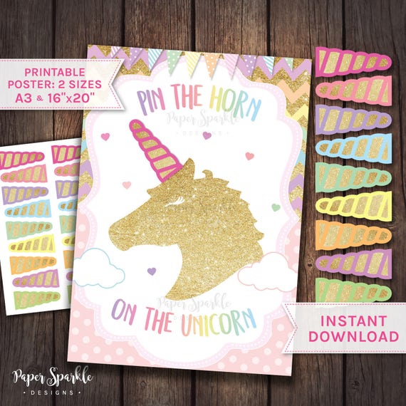 pin the horn on the unicorn unicorn props unicorn party