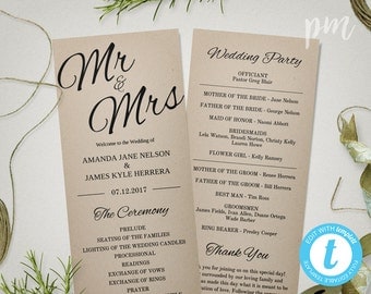 Printable Wedding Program Template Mr & Mrs Instant Download