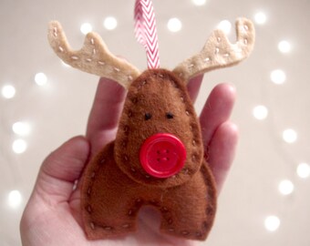 Christmas Felt Ornament, Reindeer Tree Decoration, Felt Xmas Ornament, Handmade Rudolf Reindeer, Holiday Home Decor, Cute Kids Christma