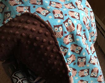 Owl, baby car seat canopy, baby car seat cover, heavy weight, winter, turquoise, brown, flannel, minky, baby shower gift