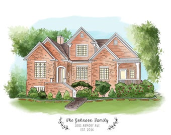 House Portrait, Custom house illustration, Custom house drawing, First house, Watercolor house portrait, House print, Home illustration