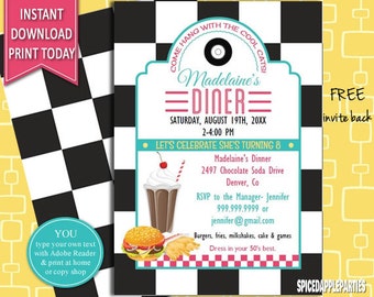 Retro Diner Birthday Invitation, 50s Retro Diner Invite, 50s Party Invitation, 50s Party Invite, 50s Theme Party, 50s Diner Theme,