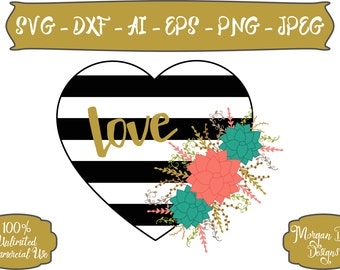 Love SVG - Wedding SVG - Striped Black and White Heart svg - Floral svg - Heart svg - Files for Silhouette Studio/Cricut Design Space