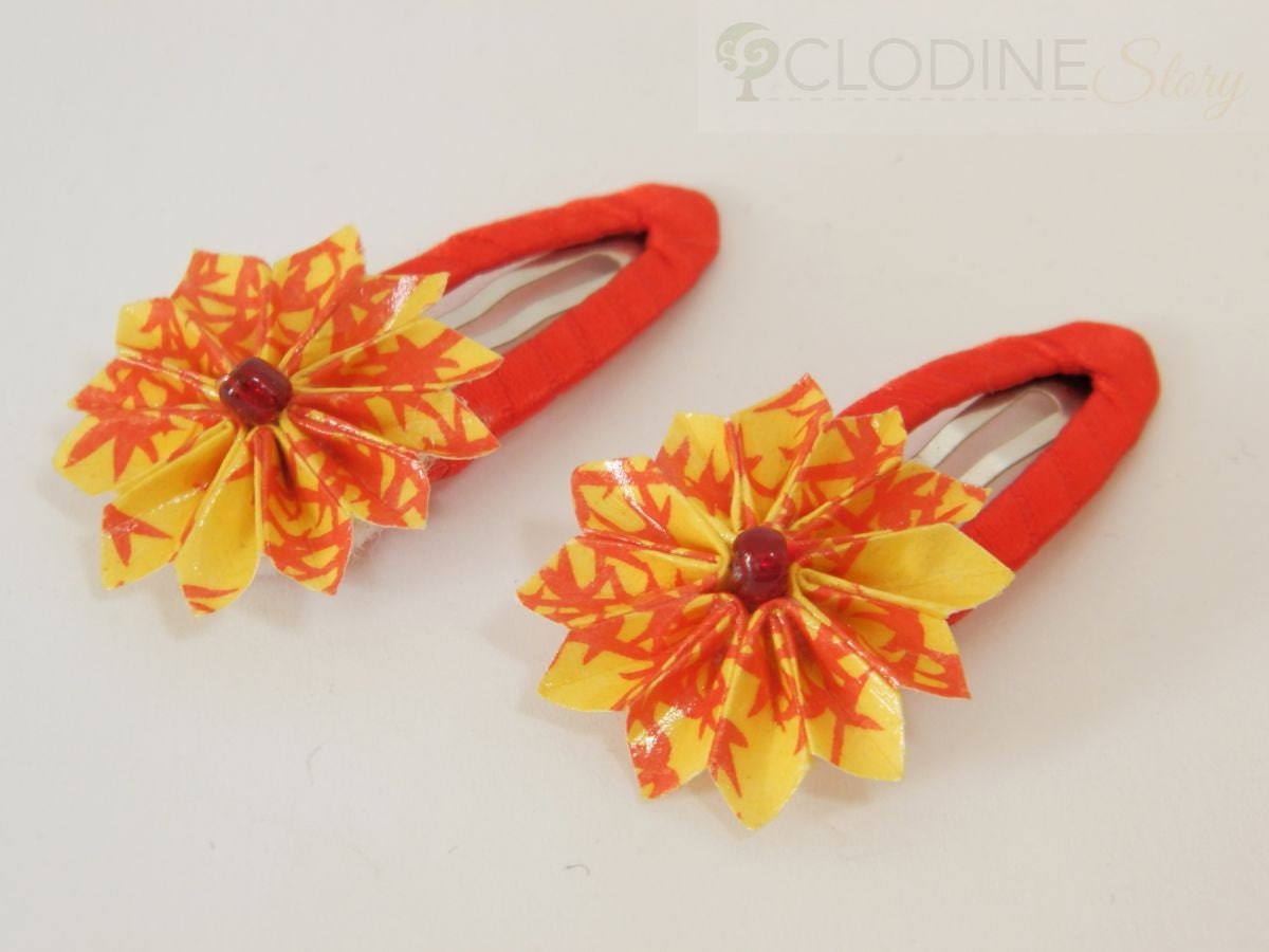 2 Yellow/red origami flower hair clips Origami hair