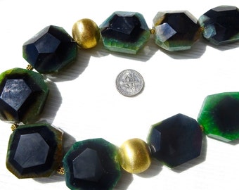 Stylish Heavy Huge Rare Faceted Square Green Dragon Veins Agate Statement 20" Necklace