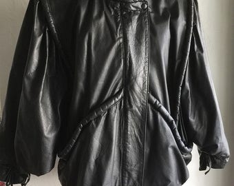 1980s Vintage Black Leather Jacket Dolman Batwing Sleeve Hipocuer