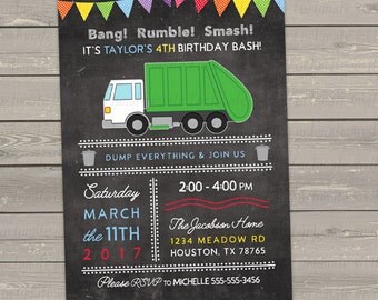 garbage truck birthday invitation for boys or girls, trash bash invites, birthday party invitations digital or printed