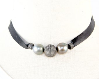 Pearl choker, leather pearl choker, diamond pearl choker gift, tahitian pearl necklace, pearl and diamond necklace, grey pearl south sea