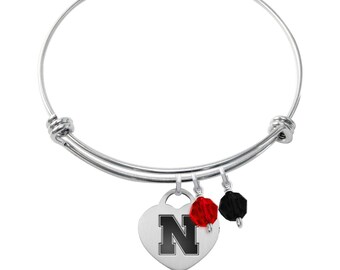 Nebraska Huskers Bracelet | Stainless Steel Adjustable Heart Bangle | Three Styles | Officially Licensed