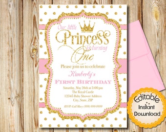 Pink and Gold First Birthday Invitation, Princess INSTANT download, EDITABLE in Adobe Reader, DIY, Printable, 5"x7" each