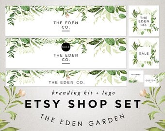 Etsy Store Banner, Watercolor Green Leaves, Store Graphics, Etsy Shop Banner Set, Avatar, Graphic Design, Shop Icon, Botanical Logo Set