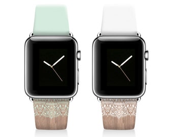 Lace Apple watch band, genuine leather band women, Apple watch strap, wood mint brown 38mm 42mm S016
