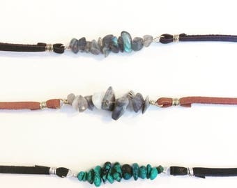 Tiny Gem + Leather Wrap Bracelet / tumbled gemstone summer layering leather gemstone boho festival summer beach hippie