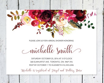 Bridal Shower Invitation, Boho Bridal Shower Invitation, Maroon, Floral, Printable, Printed, Marsala, Burgundy, Feather