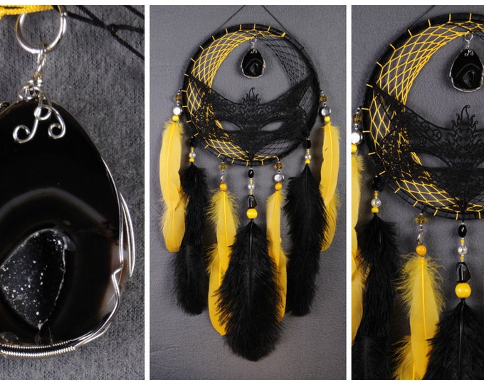 Dreamcatcher Black yellow fox Decor agate DreamCatcher Moon Dreamсatcher agate boho dreamcatcher wall decor handmade black fox dreamcatcher