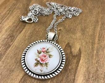 Pink Rose Necklace Antique Silver
