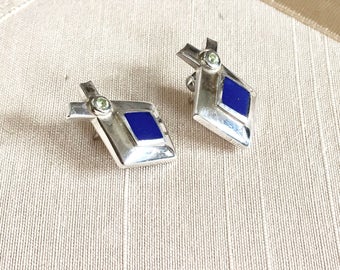 Vintage Sterling Earrings with Lapis and Peridot Diamond Shape Pierced