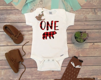 First Birthday Shirt, Buffalo Plaid Onesie®, One Shirt, First Birthday Boy, Camping Birthday, Lumberjack Birthday, Bear Shirt,Plaid Birthday