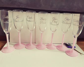 personalised champagne flutes with glitter stem for bridal party