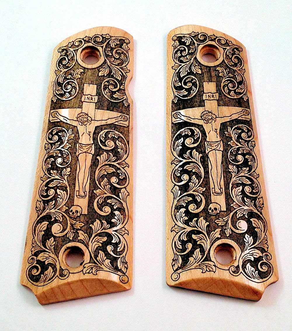 1911 custom engraved wood pistol grips Scrollwork Christian