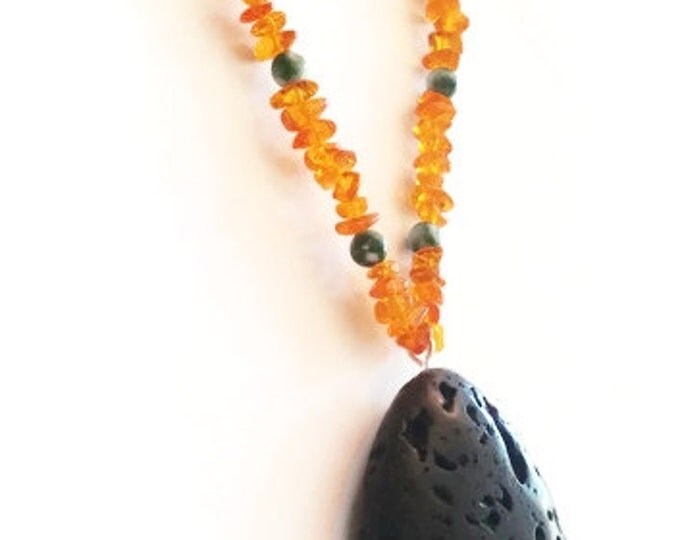Baltic Amber and Tree Agate Necklace with Lava Aromatherapy Focal, Essential Oil Diffusing Necklace, Lava Stone Necklace, N010