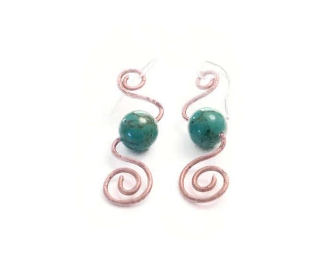Turquoise and Copper Swirl Dangle Earrings, December Birthstone Earrings, Hypoallergenic Earrings