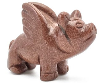 Flying Pig Red Goldstone Hand Carved Gemstone Animal Totem Statue Sculpture