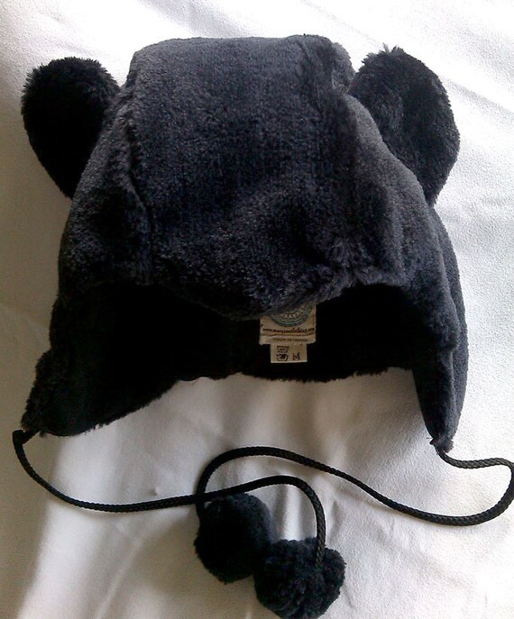 Soft black fake fur Bear Ear Hat. Black very soft