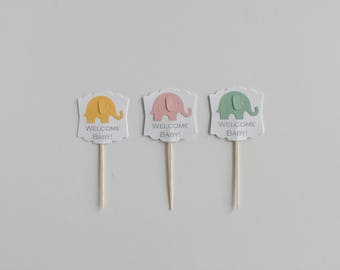 Welcome Little Peanut Cupcake Toppers (set of 12) / Elephant Cupcake Topper / Cupcake Topper / Pastel Elephant / Elephant Baby Shower