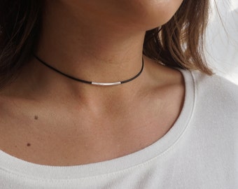 Single Leather Cord Choker, Black Choker Necklace, Dainty Choker Necklace, Black Necklace Dainty,Silver Gold Satellite Chain,Choker Necklace