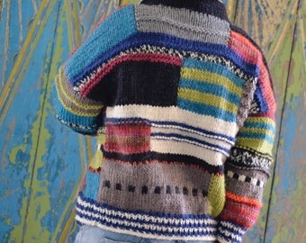 asymmetrical, hand-knitted wool jacket, patchwork,