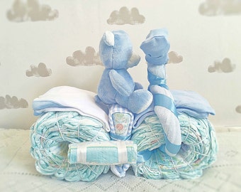 Maternity Gift, Blue Diaper Cake, Baby Shower Gift, Unique Baby Boy Gift, New Baby Gift, Newborn Gift, Nappy Cake, Boy Diaper Cake Centrepie